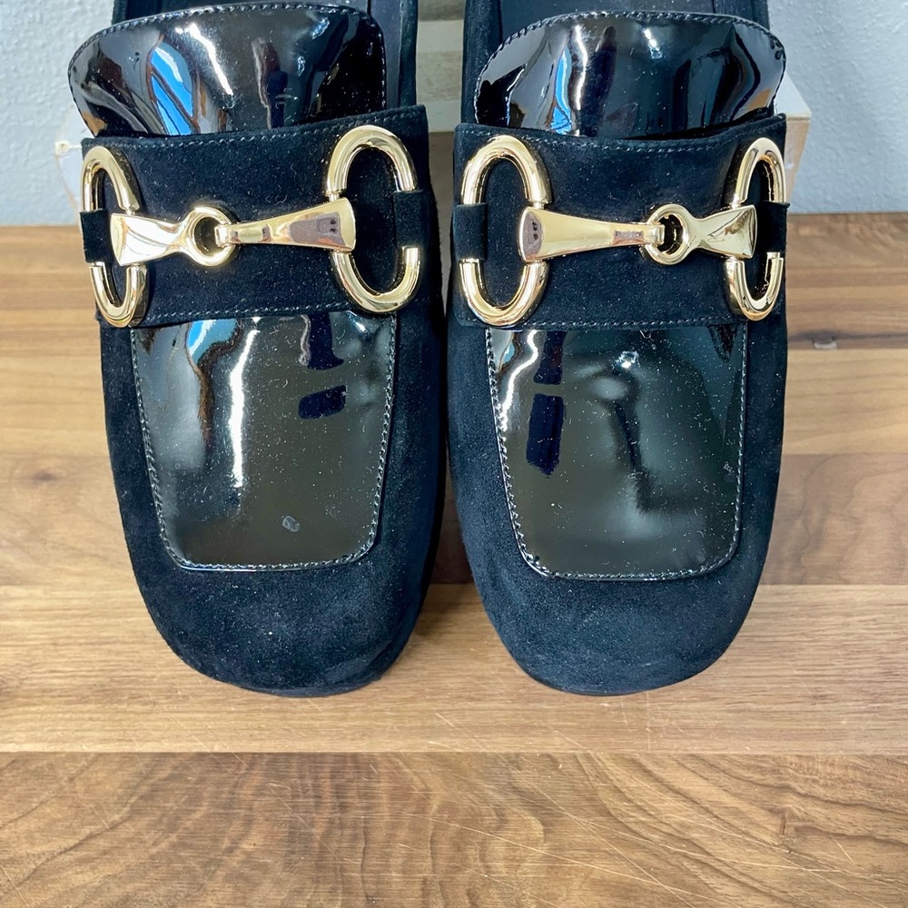 Jeffrey Campbell Suede Block Heel Loafers Gold Horsebit Hardware Size 9 Timeless - Picture 4 of 10